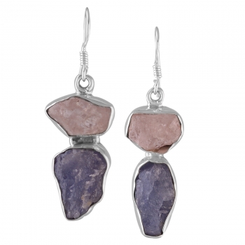 925 silver rose quartz & tanzanite rough stone earrings