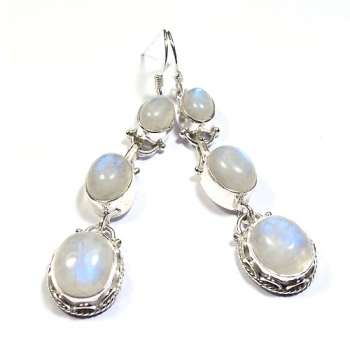 Oval stone rainbow moonstone silver earrings