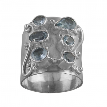 Unique design blue topaz faceted stone sterling silver handmade ring 