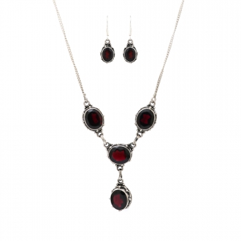 Pure silver red garnet Indian necklace and earrings set