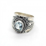 Oxidized finish handcrafted pure silver stunning design blue topaz ring for women